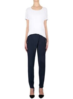 Luxe Deluxe Asymmetrical Drape Pant Silk Black Trouser Slim Taper Pull On Bottom